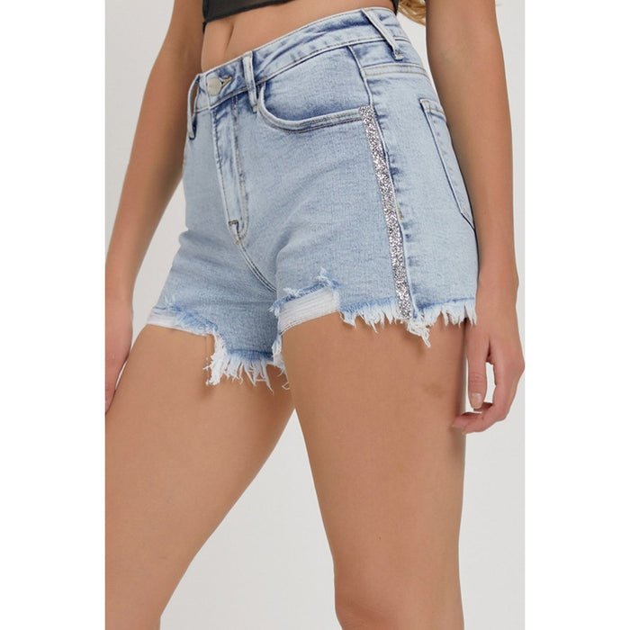 RISEN High Rise Rhinestone Strap Embellished Denim Shorts