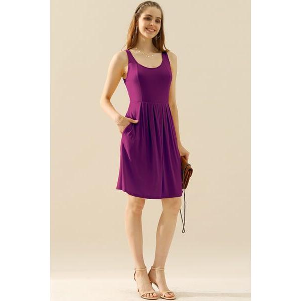 Doublju Round Neck Ruched Sleeveless Dress with Pockets