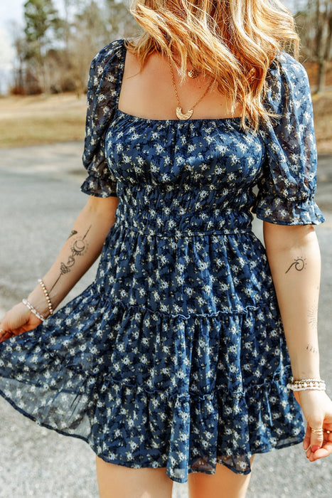 Printed Square Neck Short Sleeve Dress