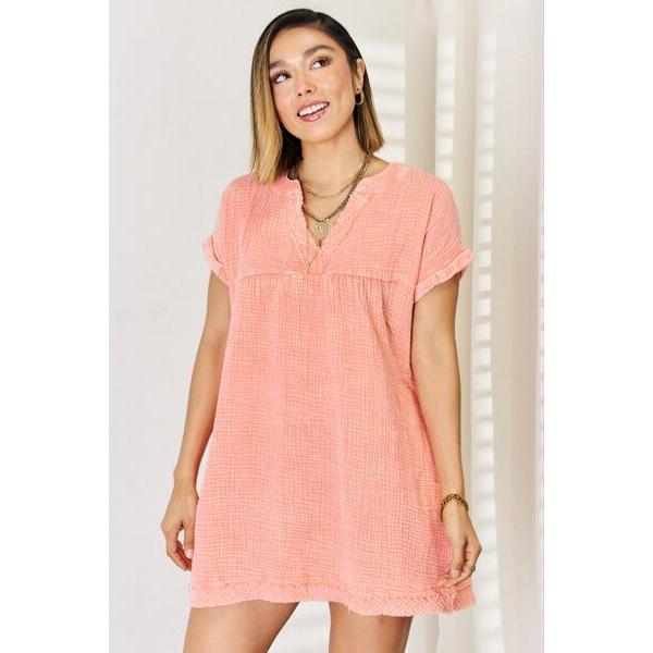 Zenana Washed Nochted Rolled Short Sleeve Dress