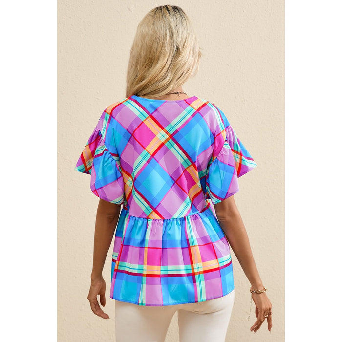 Plaid V-Neck Short Sleeve Blouse