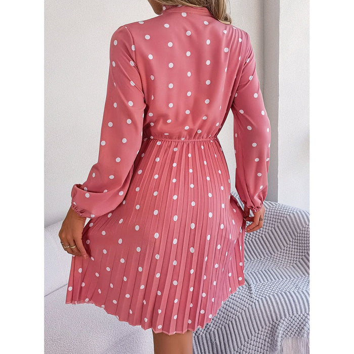 Polka Dot Tie Neck Pleated Dress