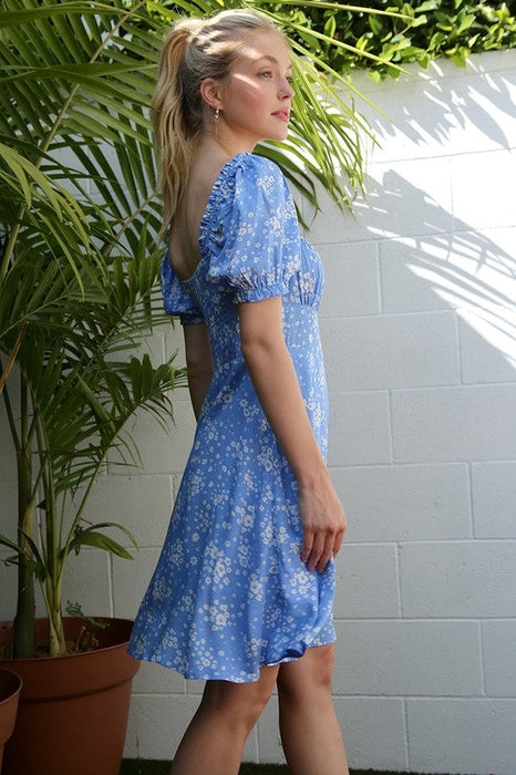 Lilou Bow-Tie Ruched Bust With Puff Sleeve Blue Floral Print Dress