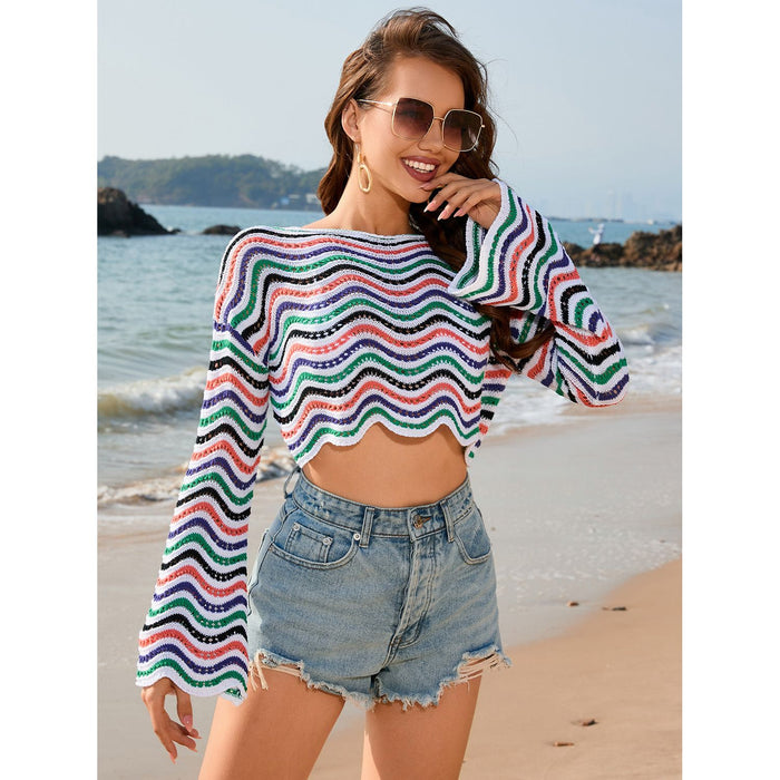 Striped Boat Neck Long Sleeve Cover Up