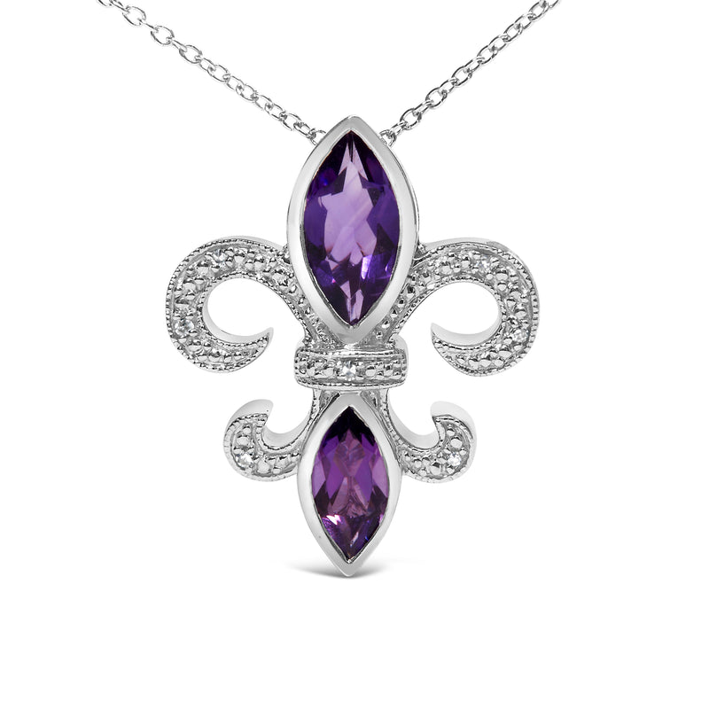 Bids.com .925 Sterling Silver Purple Amethyst Marquise and Diamond Accent Fleur De Lis Pendant Necklace (H-I Color, SI1-SI2 Clarity) - Size 18" Necklaces