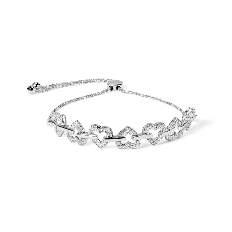 Bids.com .925 Sterling Silver 1/2 Cttw Diamond Alternating Heart Link Adjustable Bolo Bracelet (I-J Color, I3 Clarity) - 4" to 10" Inches Bracelets