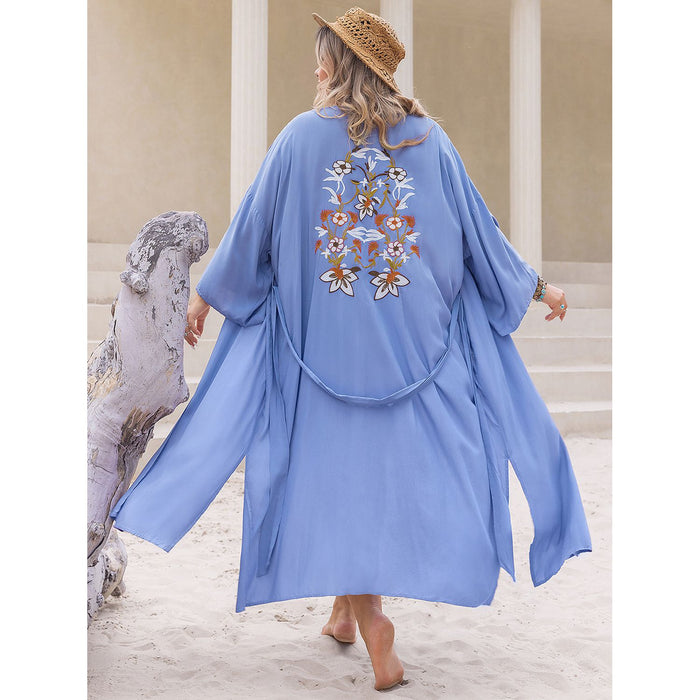 Plus Size Embroidered Tied Open Front Cover Up