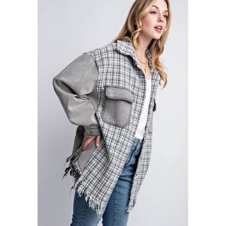 TWEED MIXED DENIM JACKET SHACKET WITH FRINGED HEM