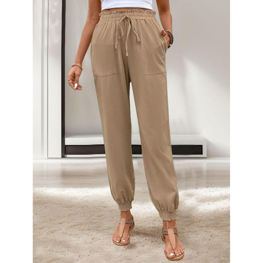 Tied Elastic Waist Pants with Pockets