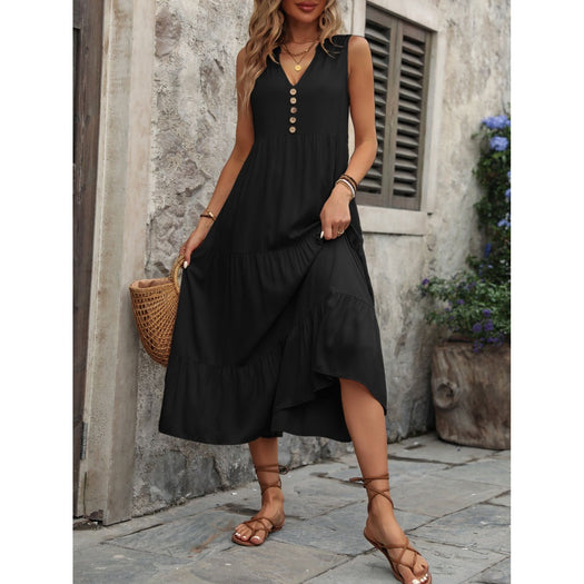 Decorative Button Notched Sleeveless Dress