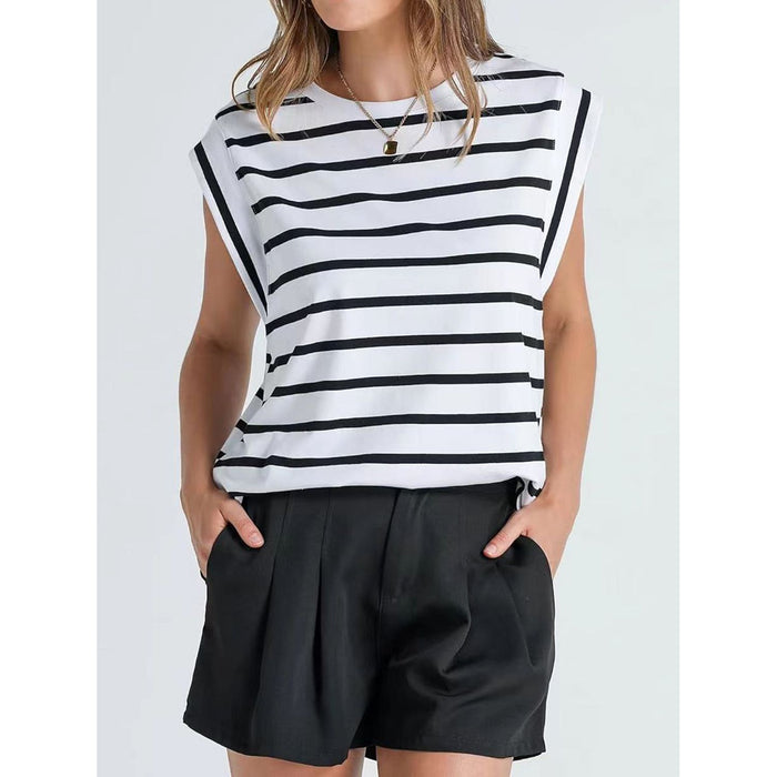 Striped Round Neck Cap Sleeve T-Shirt