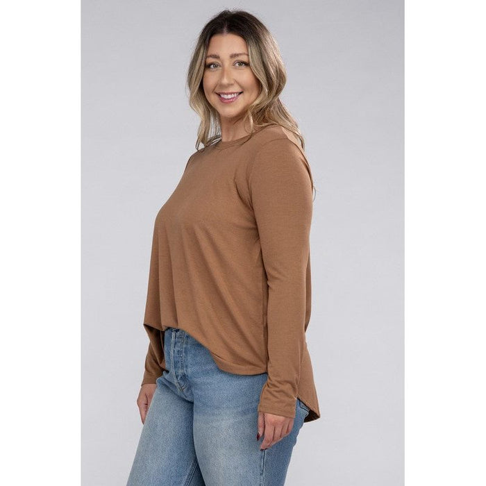 Plus Long Sleeve Round Neck Round Hem Top