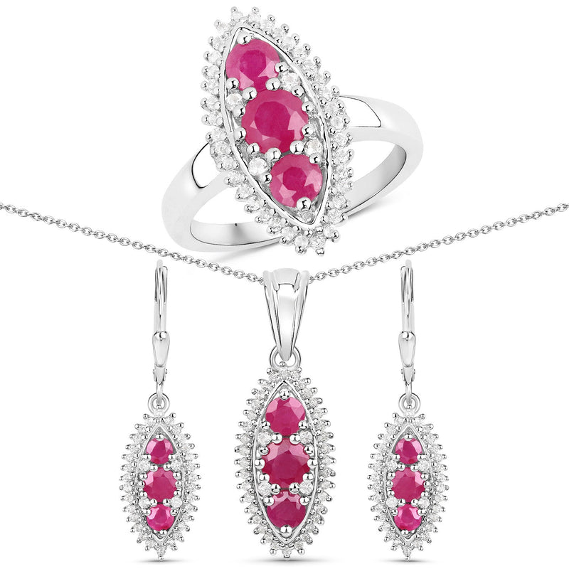 Bids.com 4.32 Carat Genuine Ruby and White Topaz .925 Sterling Silver 3 Piece Jewelry Set (Ring, Earrings, and Pendant w/ Chain) Jewelry Sets
