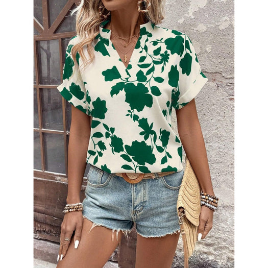 Flower Notched Short Sleeve Blouse