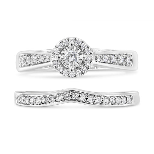 Bids.com .925 Sterling Silver 1/3 Cttw Diamond Halo and Pave Shank Engagement Ring Set (I-J Color, I3 Clarity) - Ring Size 7 Rings
