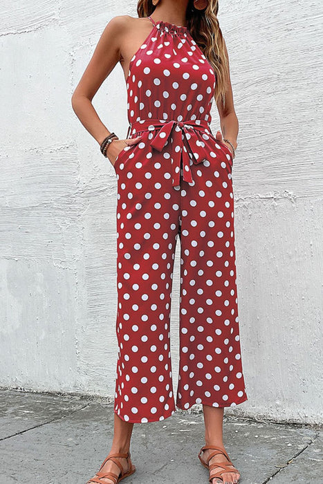 Polka Dot Grecian Wide Leg Jumpsuit