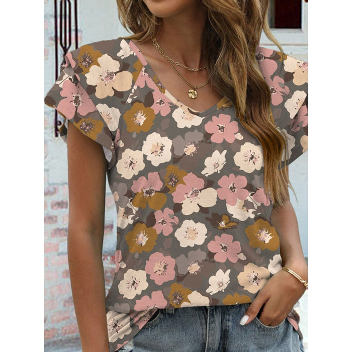 Floral V-Neck Cap Sleeve T-Shirt