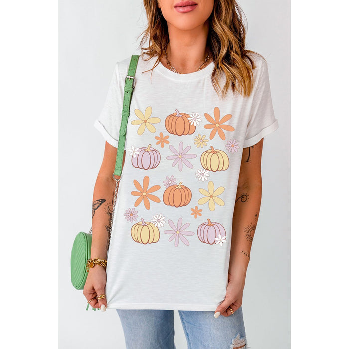 Pumpkin & Flower Round Neck Short Sleeve T-Shirt