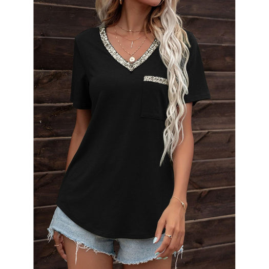 Glitter V-Neck Short Sleeve Tee Shirt