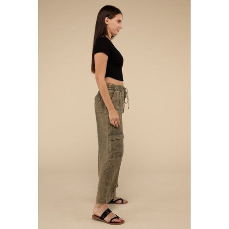 Washed Linen Elastic Band Waist Cargo Pants