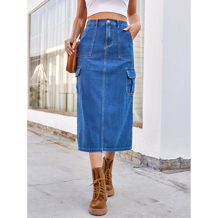 Slit Midi Denim Skirt with Pockets