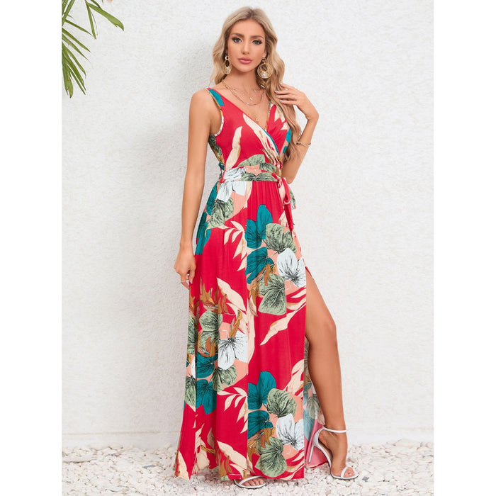 Slit Tied Printed Surplice Dress