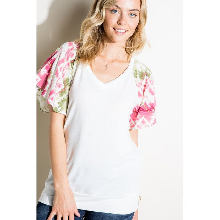 V NECK SHORT FLAIR SLEEVE TOP