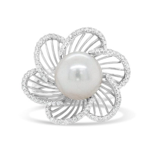 Bids.com 14K White Gold 11mm Round Pearl and 1/3 Cttw Round Diamond Openwork Flower Blossom Ring (H-I Color, VS1-VS2 Clarity) - Size 6.50 Rings White Smoke 6 / White.Gold