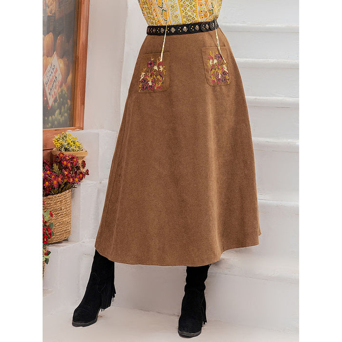 Embroidered Pocketed High Waist Skirt