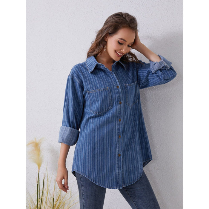 Pocketed Striped Button Up Denim Shirt