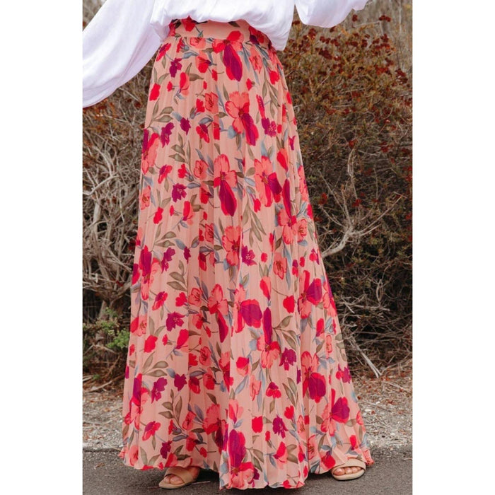 Printed Elastic Waist Pleated Maxi Skirt