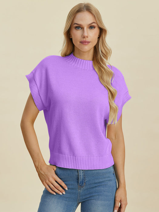 Full Size Mock Neck Short Sleeve Sweater