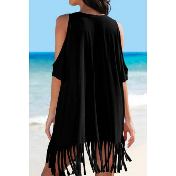 Fringe V-Neck Cold Shoulder Cover Up