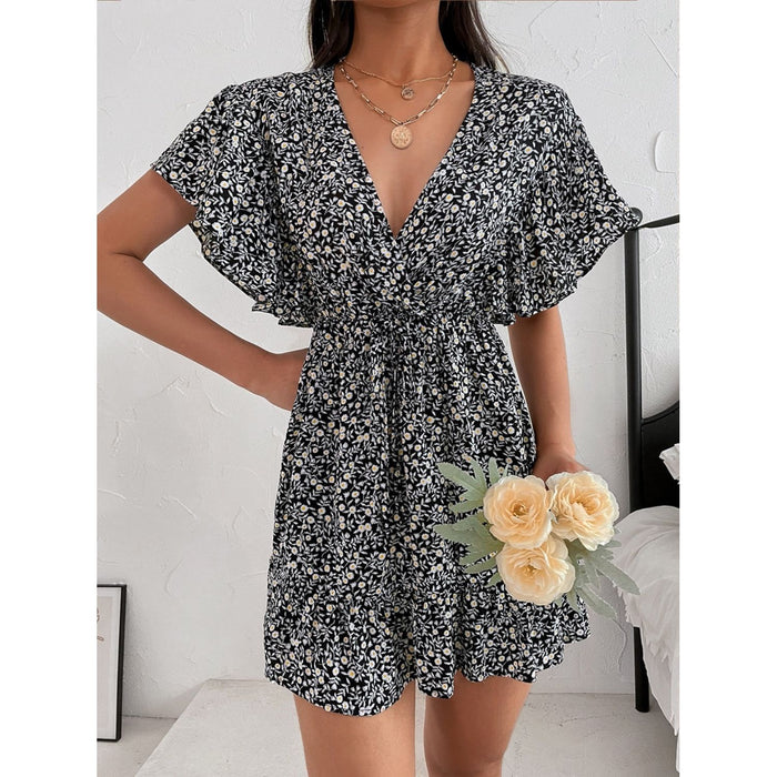 Cutout Ditsy Floral Surplice Flounce Sleeve Dress