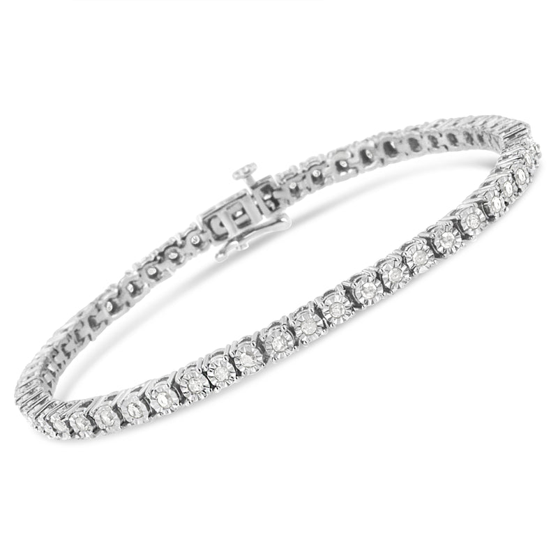 Bids.com .925 Sterling Silver 1.0 Cttw Miracle-Set Diamond Round Faceted Bezel Tennis Bracelet (I-J Color, I3 Clarity) - 7" Bracelets