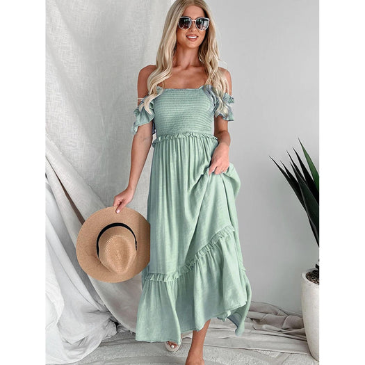 Frill Smocked Off-Shoulder Ruffle Sleeve Dress