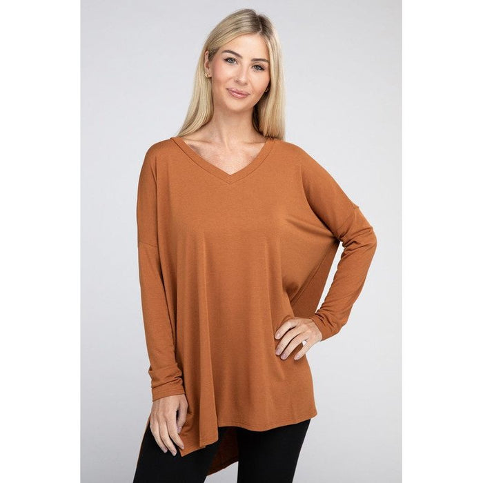 Dolman Long Sleeve V-Neck Side Slit Hi-Low Hem Top