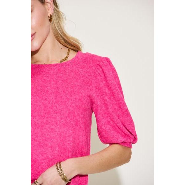 Zenana Round Neck Lantern Half Sleeve Sweater