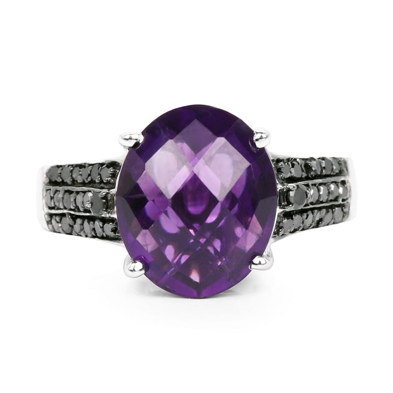 Bids.com 3.96 Carat Genuine Amethyst & Black Diamond .925 Sterling Silver Ring Rings
