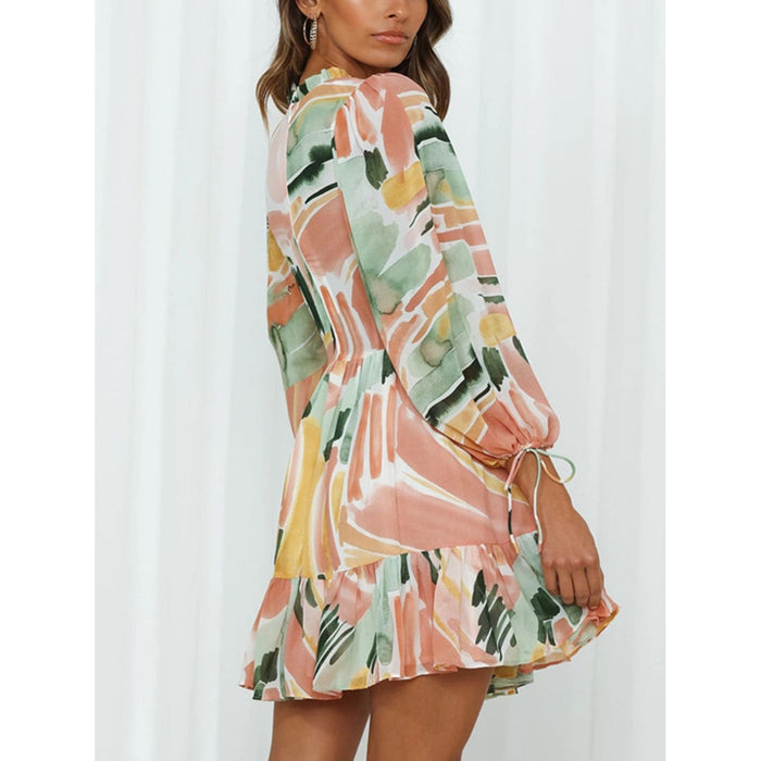 Printed Mock Neck Balloon Sleeve Mini Dress