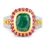 Bids.com 14K Yellow Gold Plated 4.80 ct. t.w. Dyed Emerald and Ruby Ring in Sterling Silver Rings