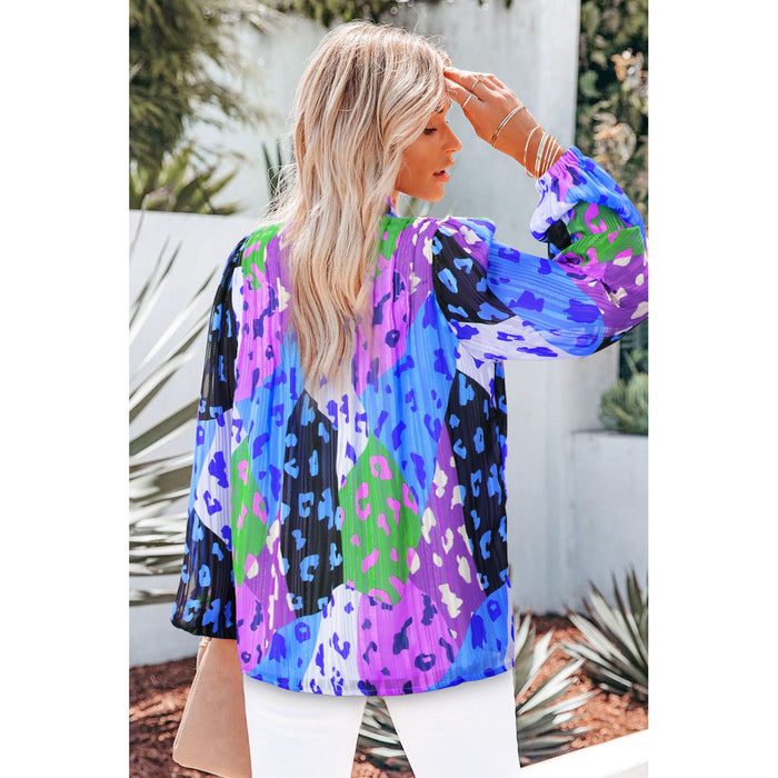 Printed Notched Long Sleeve Blouse