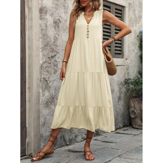 Decorative Button Notched Sleeveless Dress