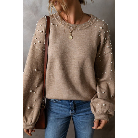 Pearl Detail Round Neck Long Sleeve Sweater