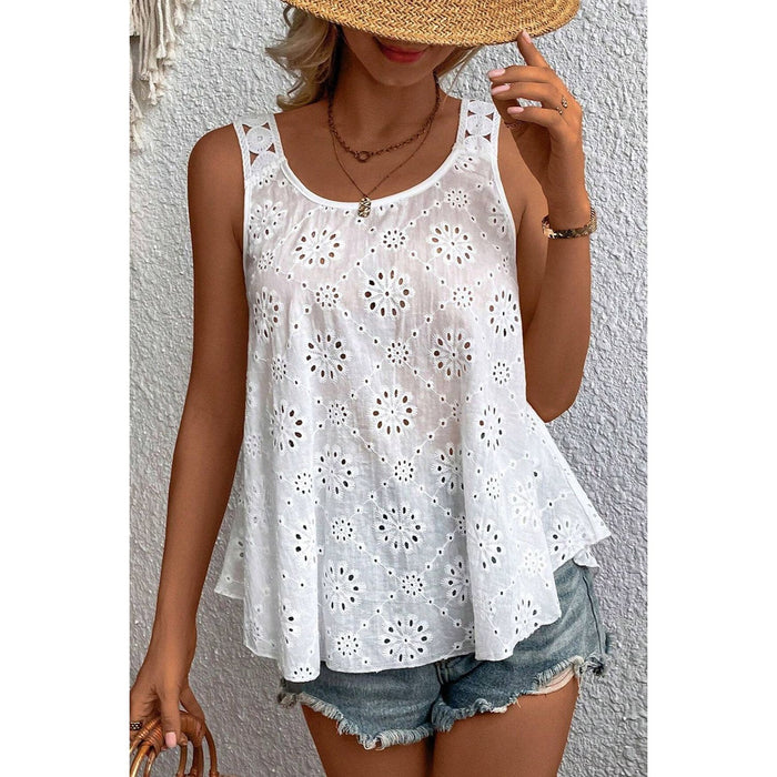 Eyelet Round Neck Wide Strap Tank