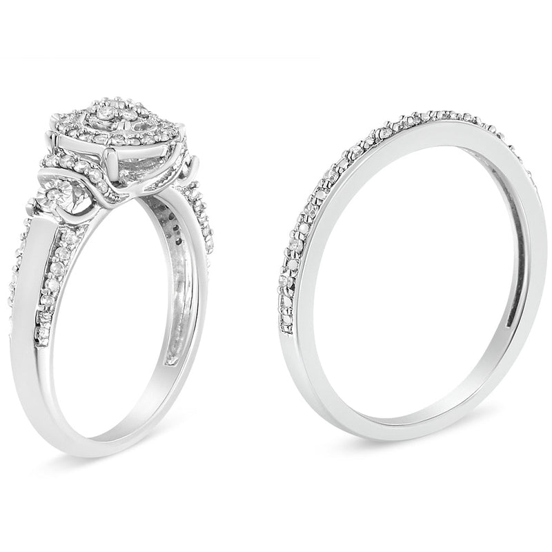 Bids.com .925 Sterling Silver 1/3 Cttw Diamond 7 Stone Cluster and Halo Engagement Ring and Wedding Band Set (I-J Color, I1-I2 Clarity) - Size 7 Rings