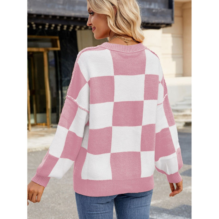 Checkered Round Neck Long Sleeve Sweater