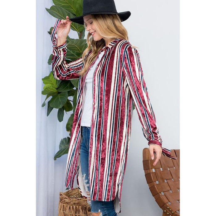 STRIPE VELVET LONG CARDIGAN