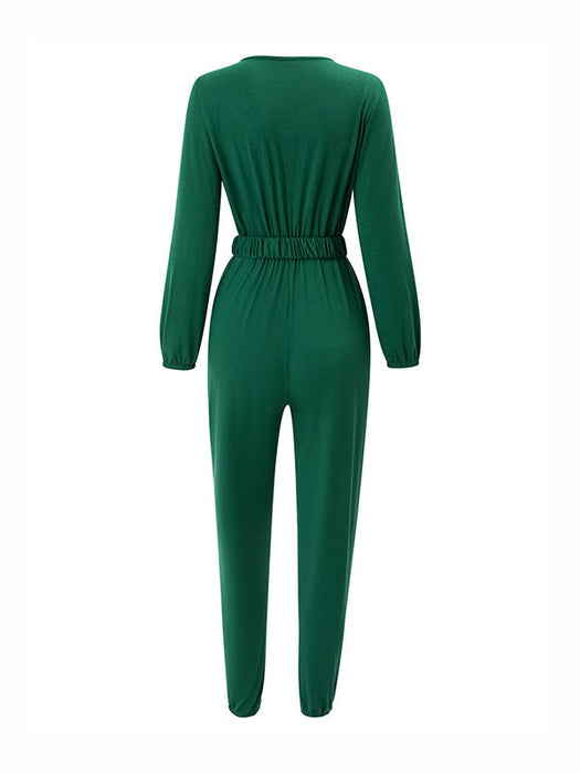 Long Sleeves Belted Elasticity V-Neck Jumpsuits by migunica