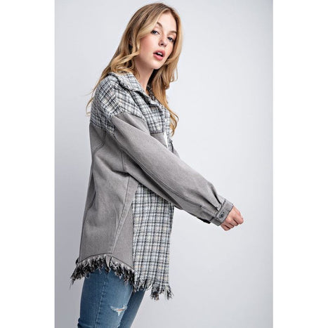 TWEED MIXED DENIM JACKET SHACKET WITH FRINGED HEM